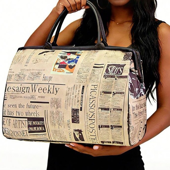 serraglim Handbags - Newspaper Print Travel Duffel Bag - Beige
